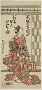 Näyttelijä Arashi Sankatsu Kanamuraya Osanina näytelmässä "Soga Hiiki Nihon Sakura", joka esitettiin Nakamura-teatterissa kolmannessa kuussa vuonna 1762. tekijältä Torii Kiyomitsu I