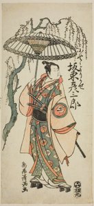 Näyttelijä Bando Hikosaburo II roolissa Ono no Yorikaze näytelmässä "Ono no Tofu Aoyagi Suzuri", joka esitettiin Morita-teatterissa kahdeksannessa kuussa vuonna 1764. tekijältä Torii Kiyomitsu I