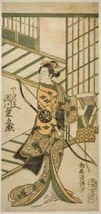 Näyttelijä Segawa Kikunojo II roolissa Ishi no Mae näytelmässä "Hoshi Aikotoba Higashiyama no Sakae", joka esitettiin Ichimura-teatterissa yhdeksännessä kuussa vuonna 1763. tekijältä Torii Kiyomitsu I