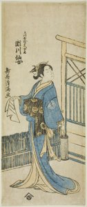 Näyttelijä Segawa Senjo (Kikunojo III) Amakawaya Gihein vaimona näytelmässä "Kanadehon Chushingura", joka esitettiin Nakamura-teatterissa viidennessä kuussa vuonna 1776. tekijältä Torii Kiyomitsu I