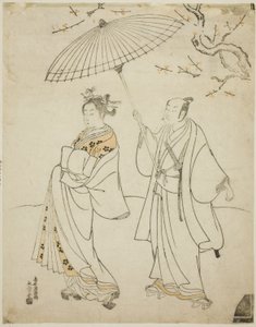 Näyttelijät Ichikawa Komazo I (vas.) ja Nakamura Matsue I (oik.) tekijältä Torii Kiyomitsu I