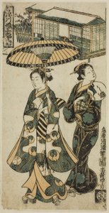 Nuori nainen ja emäntä, kuvasta "Fukagawan tytöt - Triptyykki (Fukagawa musume sanpukutsui)". tekijältä Torii Kiyomitsu I