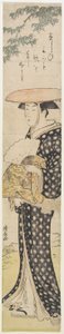 (Nainen hattu päässä kävelee puun alla), 1782 tekijältä Torii Kiyonaga