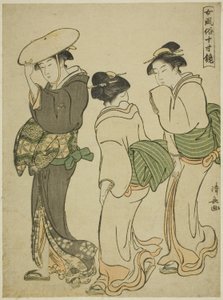 Nainen ja kaksi piikaa sarjasta "Naisellisten tapojen peili (Onna fuzoku masu kagami)" tekijältä Torii Kiyonaga