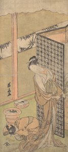 Oiran yöasussa pysähtyen, toinen käsi sänkyään ympäröivällä näytöllä..., noin. 1770. tekijältä Torii Kiyonaga