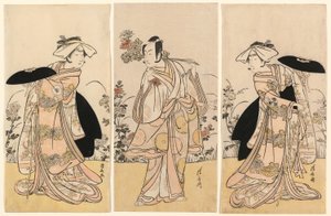 Bando Mitsugoro II Tennen no Mansaku-kitsuneena ja Ichikawa Monnosuke III Nikaido Shinanonosukena ja Iwai Hanshiro IV Okura no Kojoro-kitsuneena Moto Mishi Yuki Sakae Hachi-no-ki -draaman (Nidaime Bando Mitsugoro- Tennen no mansaku) kohtauksessa tekijältä Torii Kiyonaga