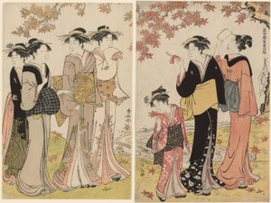 Kauneutta vaahteran alla, sarjasta "Kokoelma Pleasure Quartersin nykyaikaisia kaunokaisia (Tosei yuri bijin awase)" tekijältä Torii Kiyonaga