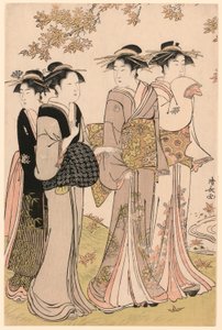 Kauneutta vaahteran alla, sarjasta "Kokoelma Pleasure Quartersin nykyaikaisia kaunokaisia (Tosei yuri bijin awase)" tekijältä Torii Kiyonaga