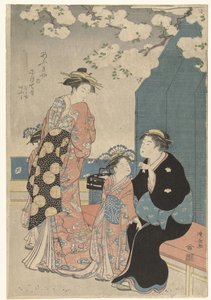 Courtesaani ja kaksi hoitajaa kirsikankukan alla tekijältä Torii Kiyonaga