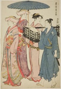 Piknikille menossa sarjasta "A Brocade of Eastern Manners (Fuzoku Azuma no nishiki)" tekijältä Torii Kiyonaga