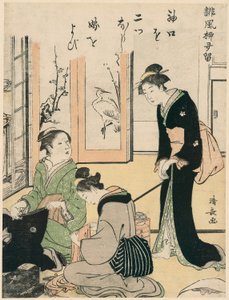 Anoppi kiusaa morsianta, sarjasta A Collection of Humorous Poems, n. 1785 (värillinen puupainatus; chuban) tekijältä Torii Kiyonaga