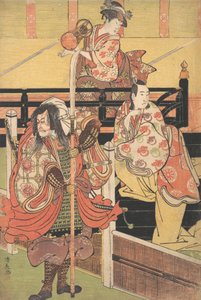 Parvekkeella nainen istuu leikkimässä Tsuzumia, Daimyo-asussa pukeutuneen miehen alla on Meri..., n. 1790. tekijältä Torii Kiyonaga