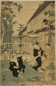 Ulkoilmahuvitukset Kankanro Teahousessa Yoshiwarassa tekijältä Torii Kiyonaga