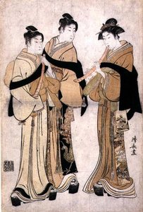 Playing the Shakuhachi, n. 1782 (puupalikkaprintti sokealla kohokuviolla) tekijältä Torii Kiyonaga