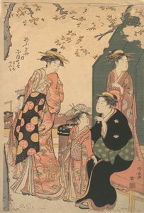 Ogiyan kurtisaani Nioterun muotokuva kahden avustajan Namijin ja Ao-...n kanssa, n. 1785. tekijältä Torii Kiyonaga