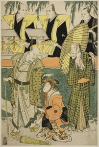 Näyttelijät Bando Matakuro IV Chubeina, Osagawa Tsuneyo II Umegawana ja Nakamura Katsugoro Magoemonia näytelmässä "Keisei Koibikyaku" tekijältä Torii Kiyonaga