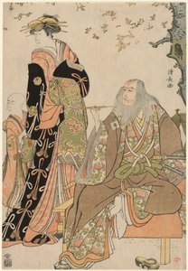 Näyttelijät Ichikawa Danjuro V Hige no Ikyuna, Nakamura Riko Agemakina ja Ichikawa Ebizo Agemakin avustajana näytelmässä "Sukeroku Yukari no Edozakura" Nakamura-teatterissa kolmannessa kuussa vuonna 1784. tekijältä Torii Kiyonaga