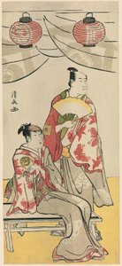 Näyttelijät Ichikawa Monnosuke II ja Segawa Kikunojo III, yhdestätoista näyttelijän pentaptyykistä, jotka juhlivat Sogan veljien pyhäkön juhlaa tekijältä Torii Kiyonaga