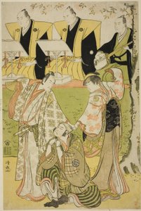 Näyttelijät Ichikawa Monnosuke II Munesadana, Segawa Kikunojo III kurtisaani Sumizomena ja Nakamura Nakazo I Sekibeina näytelmässä "Tsumoru Koi Yuki no Seki no To", joka esitettiin Kiri-teatterissa 11. kuussa 1784. tekijältä Torii Kiyonaga