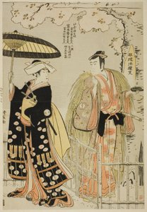 Näyttelijät Sawamura Sojuro III Kusunoki Masatsurana ja Arashi Murajiro Ben no Naishina shosassa "Sode Furu Yuki Yoshino Shui", joka esitettiin Nakamura-teatterissa yhdestoista kuukaudessa 1786 tekijältä Torii Kiyonaga