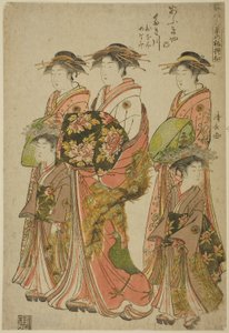 Ogiyan kurtisaani Takigawa avustajiensa Onamin ja Menamin kanssa sarjasta "Models for Fashion: New Designs as Fresh as Young Leaves (Hinagata wakana no hatsu moyo)" tekijältä Torii Kiyonaga