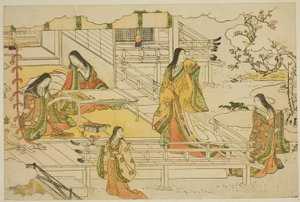 Uuden vuoden ensimmäinen kalligrafia (Kissho hajime), kuvitetusta kirjasta "Kolmioaamunkoiton värit (Saishiki mitsu no asa)" tekijältä Torii Kiyonaga
