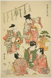 Uudenvuodenjuhla, sarjasta "Viiden juhlan arvokkaat lasten pelit (Kodakara gosetsu asobi)". tekijältä Torii Kiyonaga