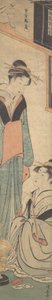 Kaksi tyttöä puhumassa lähellä Hibachin tulipataa, n. 1785. tekijältä Torii Kiyonaga