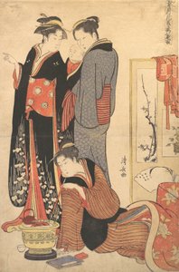 Kaksi naista seisomassa, pitelemässä lasta, n. 1785. tekijältä Torii Kiyonaga