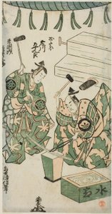 Näyttelijät Fujikawa Heikuro Masamuneena ja Matsushima Kichisaburo Rai Kunitsuguna näytelmässä "Shin Usuyuki Monogatari", joka esitettiin Nakamura-teatterissa kuudennessa kuussa 1746 tekijältä Torii Kiyonobu II