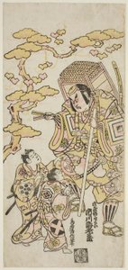 Näyttelijät Ichikawa Ebizo II Musashibo Benkeina, Sakata Shintaro (?) Soga no Gorona ja Takigawa Kinya (?) Soga no Jurona näytelmässä "Sazareishi Suehiro Genji", joka esitettiin Nakamura-teatterissa ensimmäisen kuukauden aikana vuonna 1744. tekijältä Torii Kiyonobu II