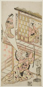 Näyttelijät Ichikawa Ebizo II Mushanosuken roolissa, Segawa Kikunojo I Ochiyon roolissa ja Matsushima Kichisaburo Ochiyon hengen roolissa näytelmässä "Higashiyama Gojitsu Yaoya Hanbei", joka esitettiin Nakamura-teatterissa kahdeksantena kuukautena vuonna 1 tekijältä Torii Kiyonobu II