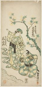 Näyttelijät Ichimura Uzaemon VIII Taira no Koremochina ja Arashi Koroku Makomo no Maena näytelmässä "Shusse Momijigari", joka esitettiin Ichimura-teatterissa yhdestoista kuukaudessa 1747 tekijältä Torii Kiyonobu II