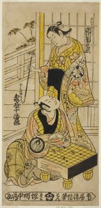 Näyttelijät Kameya Jujiro I Soga no Juron roolissa ja Segawa Kikunojo I Oiso no Torana näytelmässä "Hatsu Hikage Maizuru Soga", joka esitettiin Nakamura-teatterissa ensimmäisen kuukauden aikana, 1737