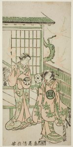 Näyttelijät Sanogawa Ichimatsu I roolissa Minamoto no Yorimasa ja Segawa Kikujiro I roolissa Nobutsuran vaimo Karumo näytelmässä "Shusse Momijigari", joka esitettiin Ichimura-teatterissa yhdentenätoista kuussa vuonna 1747. tekijältä Torii Kiyonobu II