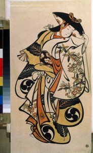 Miesnäyttelijä näyttelee naista. Painos Torii Kiyonobu vanhin (1664-1729) tekijältä Torii Kiyonobu I