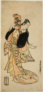 Näyttelijä Ichikawa Monnosuke I Oiso no Toran roolissa näytelmässä "Nigiwai Suehiro Soga", joka esitettiin Morita-teatterissa ensimmäisenä kuukautena 1721 (?) tekijältä Torii Kiyonobu I