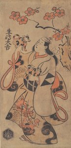 Näyttelijä Ikushima Daikichi naisena seisovana Ume-puun alla, n. 1705.