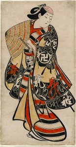 Näyttelijä Takii Hannosuke naisellisena nuorukaisena, noin 1707 (käsin värjätty puupiirros; tan-e, pystysuora o-oban). tekijältä Torii Kiyonobu I