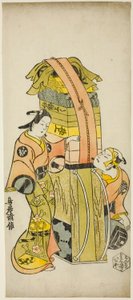 Näyttelijät Ichikawa Danjuro II Kamada Matahachina ja Ichikawa Monnosuke I Hisamatsuna näytelmässä "Osome Hisamatsu Shinju Tamoto no Shirashibori", esitettiin Morita-teatterissa, 1720