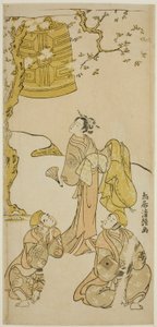 Näyttelijät Segawa Kikunojo II, Ichikawa Komazo II ja Arashi Otohachi I näytelmässä "Fude Hajime Soga no Tamazusa", joka esitettiin Nakamura-teatterissa ensimmäisen kuukauden aikana, 1768