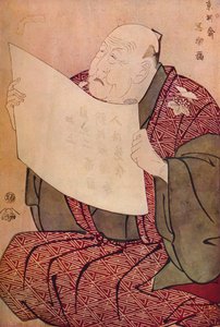 Shinozuka Uraemon lukemassa prologia Miyako-teatterissa, 1794 tekijältä Toshusai Sharaku