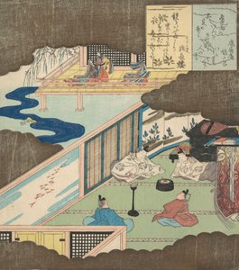 Palatsin sisätilat, joissa aateliset keskustelevat, n. 1820. tekijältä Totoya Hokkei