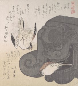 Kattotiilet ja varpuset, Mizunon erikoisuuksia Imadossa, 1800-luku. tekijältä Totoya Hokkei