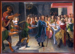 Noppa tarjoaa Francusille juhla-aterian, noin 1594-1602 (maalaus kankaalle).