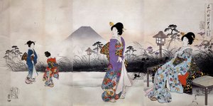Japanilaiset naiset kävelemässä Fuji-vuoren edessä Toyohara Chikanobun (1838-1912) japanilainen printti 1896 Yksityinen kokoelma