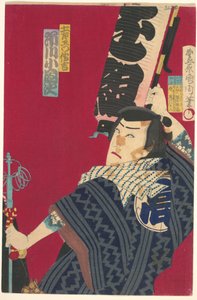 Ichikawa Sadanji Dozaemon Denkichin roolissa kabuki-näytelmässä tekijältä Toyohara Kunichika