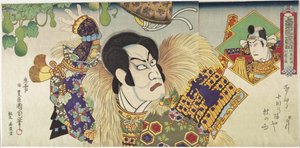 Kawarazaki Gonnosuke Takechi Mitsuhiden roolissa ja Ichikawa Sadanji Mashiba Hisayoshin roolissa tekijältä Toyohara Kunichika