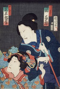 Onoe Baikō nuorempana sisarena Benizarana ja Seki Sanjūrō äiti Kataomoina näytelmässä "Ichiban Norime Iki no Sashimono" tekijältä Toyohara Kunichika