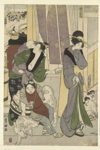 kalakauppias Neljäs kuukausi, triptyykki Yongatsu, sanbukutsui (otsikko esineessä) Toyohiron ja Toyokunin The Twelve Months (sarjan nimi) Toyohiro Toyokuni ryoga juniko (sarjan nimi esineessä) tekijältä Toyokuni (II) , Utagawa